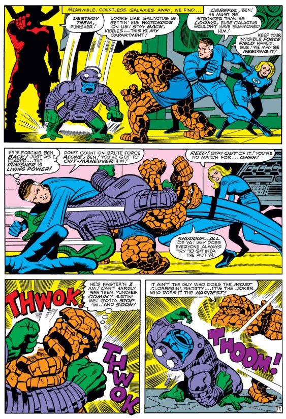 A page from Fantastic Four #49 showing the Four in dynamic battle with an opponent.