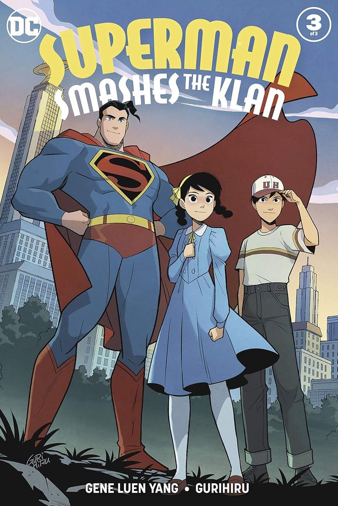 Cover of Superman Smashes the Klan #3, showing Superman, Lan-Shin Lee and her brother staring proudly ahead with the Metropolis skyline behind them.