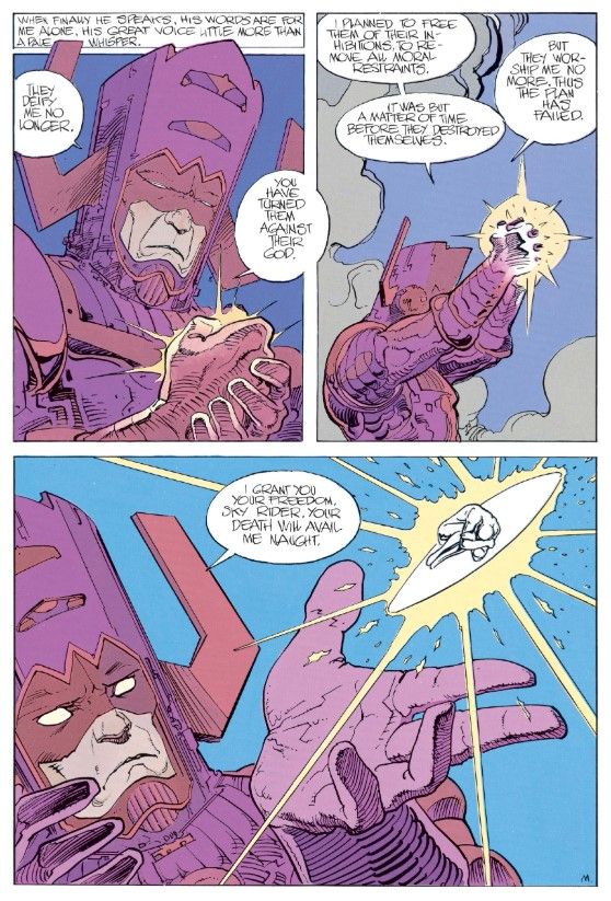A page from Silver Surfer: Parable in which Galactus crushes the Surfer in his hands, then releases him.