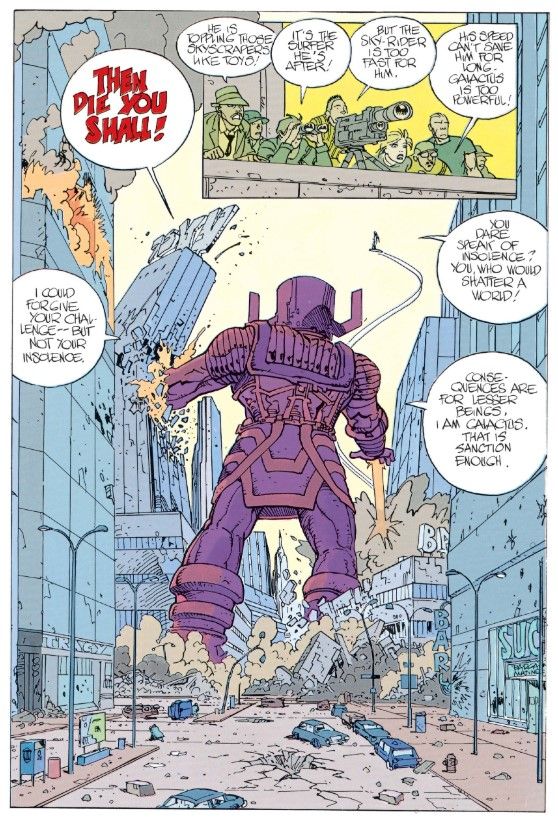 A page from Silver Surfer: Parable, showing the described scene.