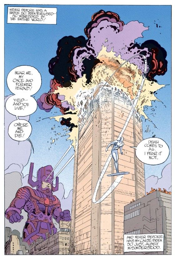 A page from Silver Surfer: Parable in which the Surfer sails away as Galactus continues destroying the city.