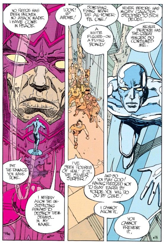 A page from Silver Surfer: Parable showing a close-up of the Surfer confronting Galactus.