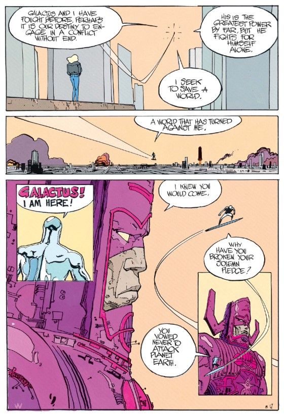 A tiny Silver Surfer confronts a very large Galactus in a page from Silver Surfer: Parable. The quote is from Charles Hatfield’s book Hand of Fire: The Comics Art of Jack Kirby.