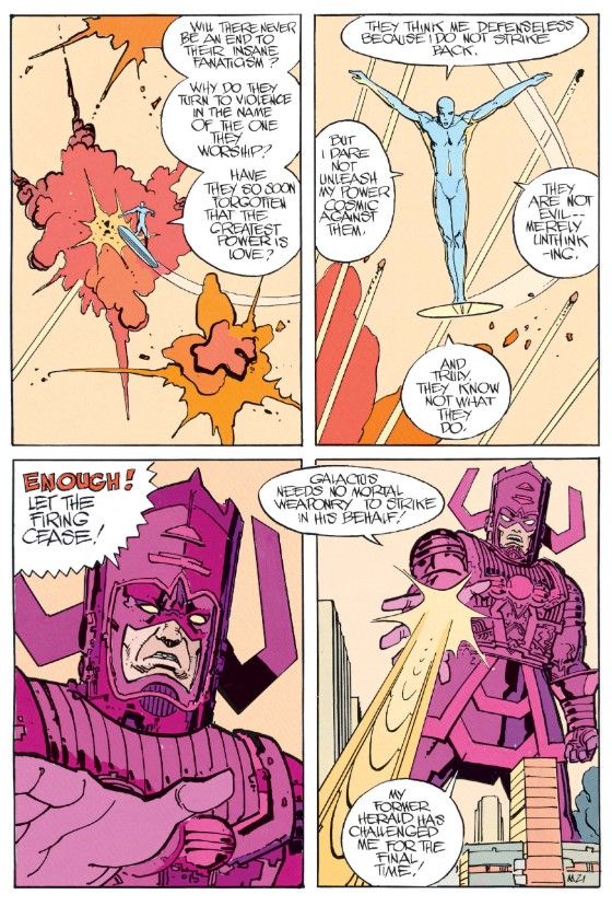 A page from Silver Surfer: Parable, in which the Surfer strikes an iconic, perhaps Christ-like pose while confronting Galactus.