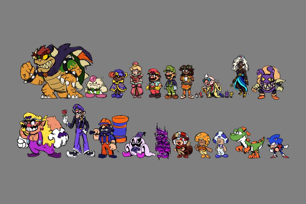 Illustrations of my own take on redesigned Mario characters.
From left to right, top to bottom, there's 
Bowser, Mallow, Geno, Princess Peach, Mario, Luigi, Daisy, E. Gadd, Rosalina, Nabbit
Wario, Waluigi, Foreman Spike, Doopliss & Shadow Mario, The Captain, Gold, Berry, Yoshi, and Sonic.