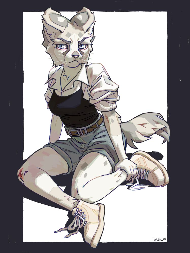 Digital illustration of a gray and white female anthropomorphic cat character sitting on the ground