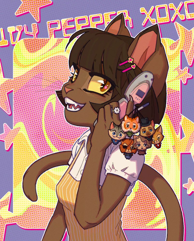 Digital illustration of Ivy from the Lackadaisy series with a Y2K pop-art inspired background. She is using a flip phone with miniature versions of several other characters attached as phone charms