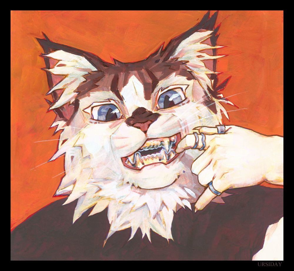 Bust painting of an anthropomorphic cat in gouache and mixed media, grinning and pulling their cheek with a finger while wearing clear teeth aligners