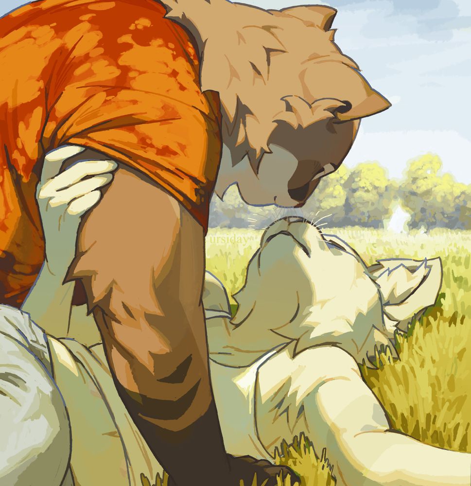 Digital illustration of two female anthropomorphic cats in a sunny field