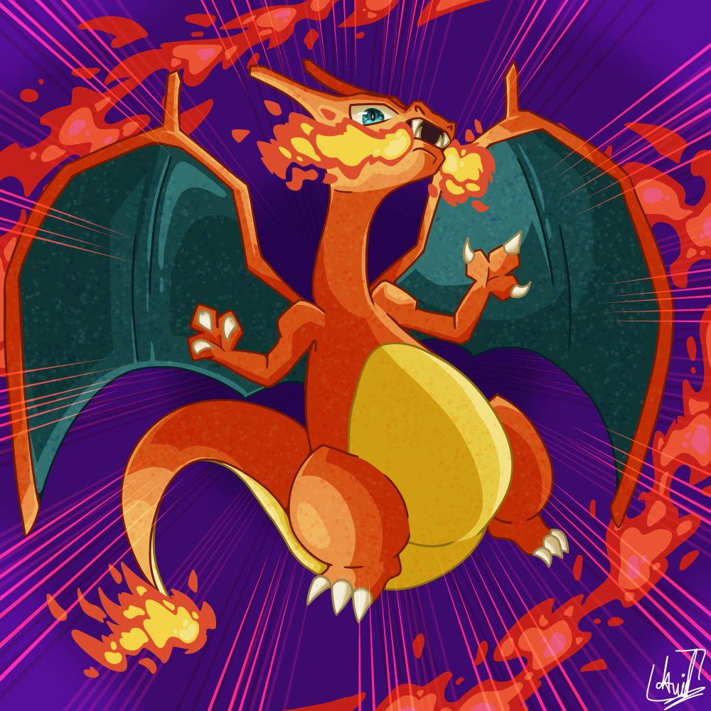 Un Dracaufeu entouré de flammes sur un fond violet