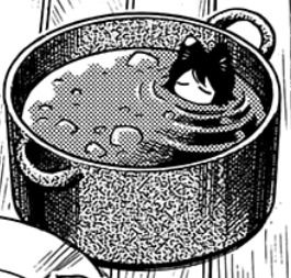 Panel of Izutsumi from Dungeon Meshi. She is sitting in a pot of soup with her eyes closed, appearing very relaxed