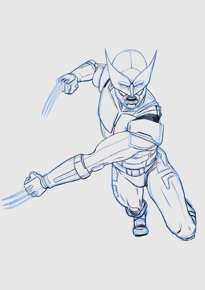 Amateur pencils and inks of Deadpool and Wolverine inspired Wolverine, rushing forward with his claws out, striking across his body with his left hand, right hand pulled back, ready for another slash.