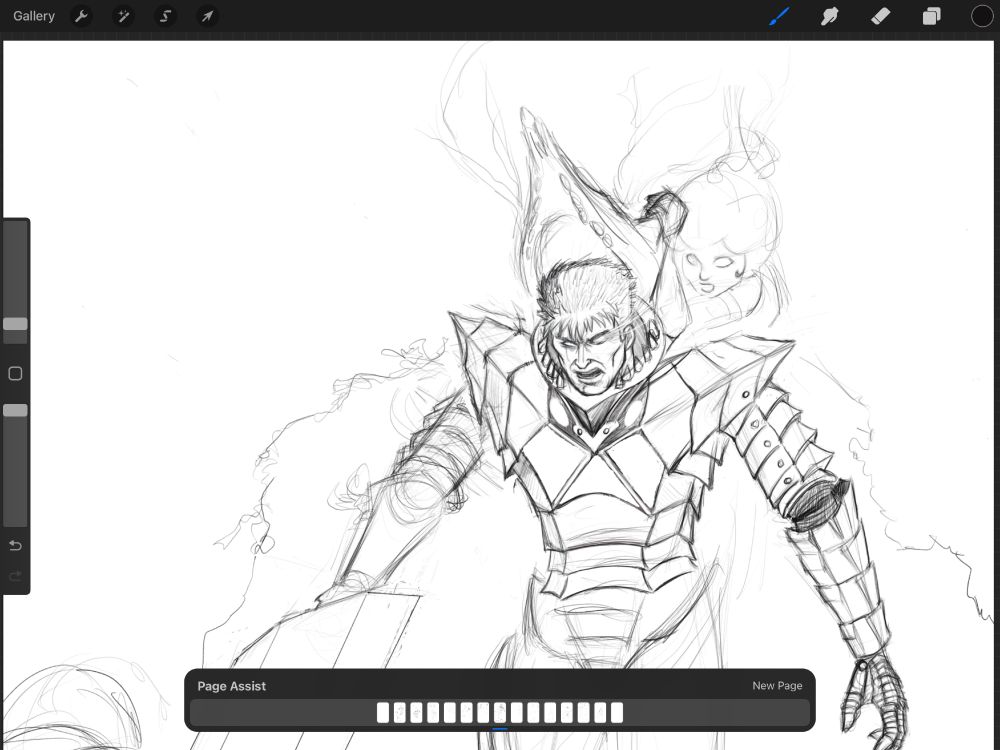 Early fan sketch of Guts from the manga Berserk in the Beserker armor, being brought back to some semblance of reality by his companion Schierke, the young witch in training.