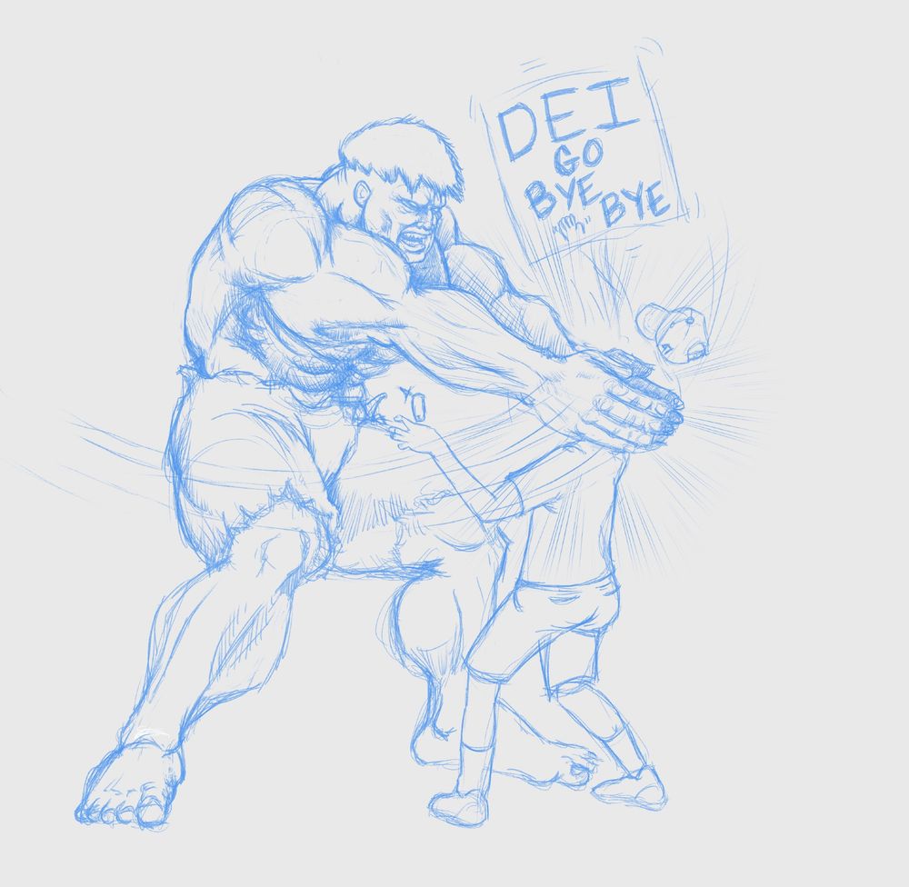 Amateur blue line drawing of the Invredible Hulk thunderclapping the head of a small, slender neo-nazi. The neo-nazi is dropping both his protest sign, which reads,”DEI GO BYE BYE” and his vehicle keyfob while a hat with “47” embroidered in the side flips away.