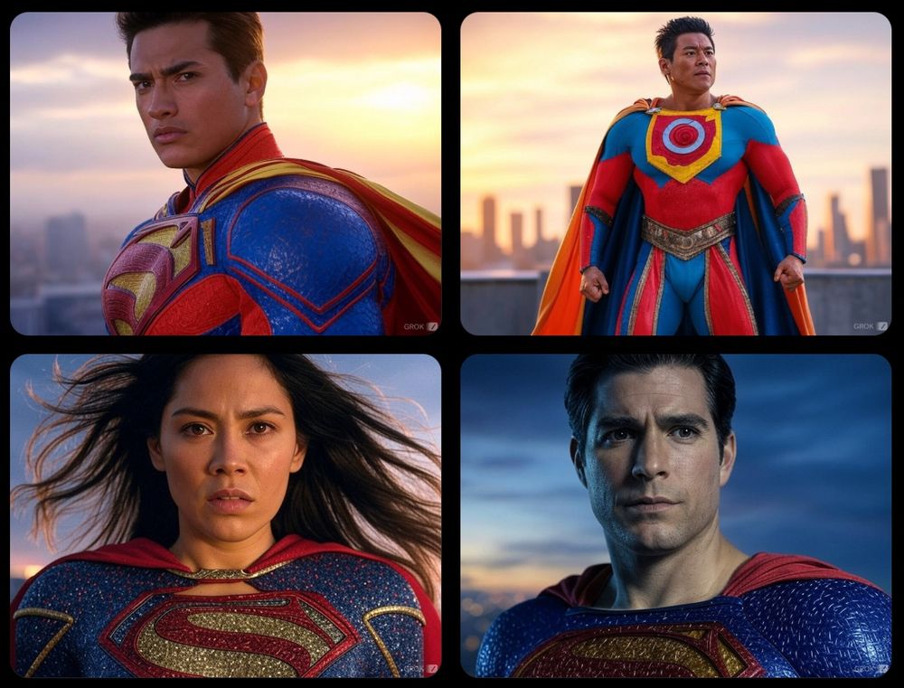 Four disparate images of AI generated, Dollar General super heroes of varying genders, ages, and races that Twitter’s slop bot Grok generated. 