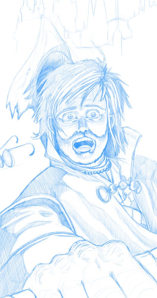 Stylized, blue pencil self-portrait as a slightly blood drunk hoonter attaining a new level of insight in the horrifying back streets of Yharnam.