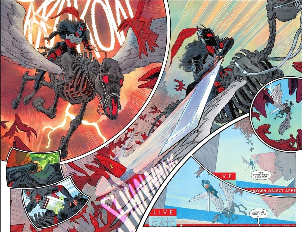 Panel 1: una figura en armadira completa cabalga sobre un pegaso esqueleto
Panel 2: La figura saca una espada gigante de un bolsillo mágico y rebana varios diablillos con ella
Paneles restantes: varias imágenes de la figura luchando en el aire como antes 