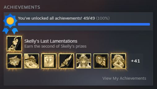 captura de pantalla de steam donde se muestran los logros del juego Hades, completado al 100%