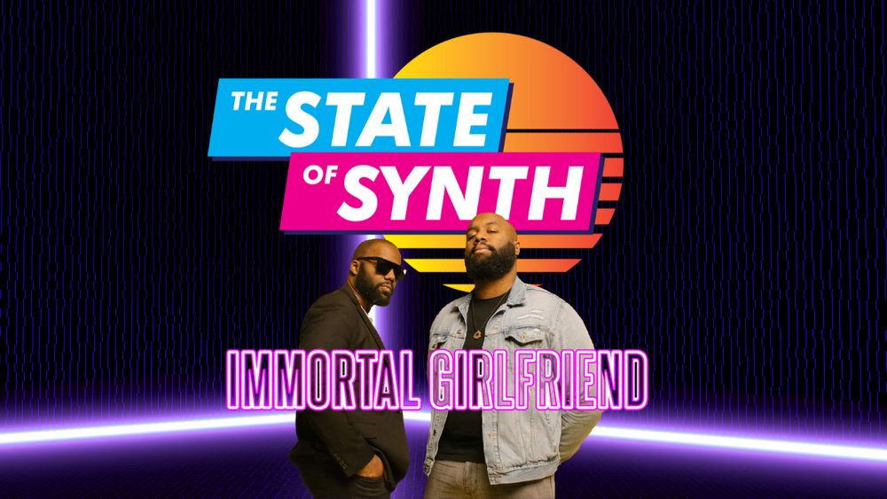 An image of the band members Immortal Girlfriend and their log on top of The State Of Synth Logo in a glowing room
