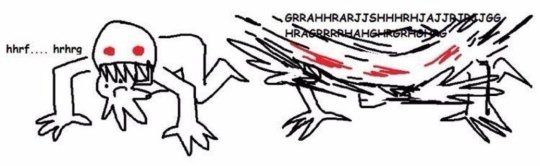 A “reaction meme” two panel comic of a simplified person on all fours with a small frowning doll (character) in their mouth. The second panel is then violently shaking their head with the toy in their mouth like a dog while making growling noises. 