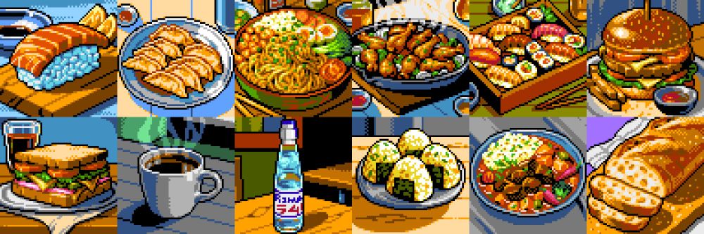 Some pixelart foods in NES palette.
the foods on the first row from left to right are a nigiri piece, a set of gyozas, a noodle bowl, a plate of chicken fried, a sushi set and a hamburguer.
the foods on the second row from left to right are a sandwich, a cup of coffee, a bottle of ramune, a set of onigiris, curry and homemade bread.
