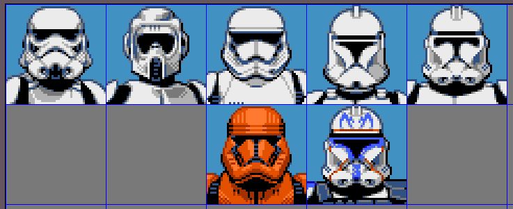 Pixelart portraits of Star Wars Troopers designs in NES palette.