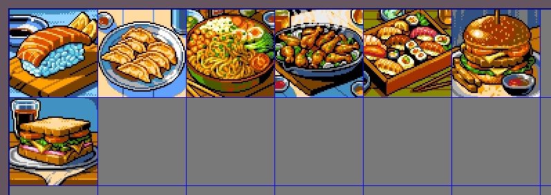 Some pixel art foods in NES palette.
In order.
From left to right, in the first row we have: salmon nigiri, a plate of gyozas, a noodle bowl, fried chicken, a sushi set, a hambúrguer.
In the second row we have a sandwich.