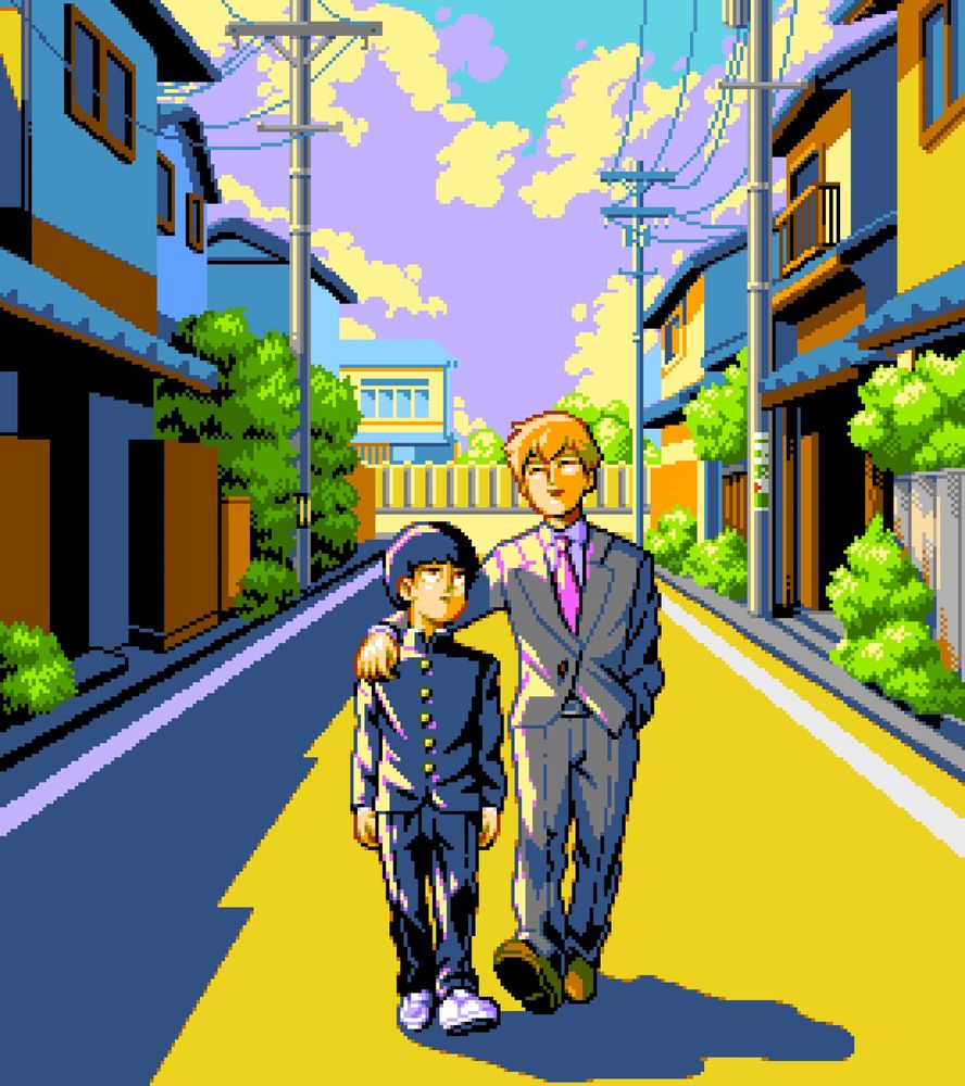Pixel art in NES palette of Shigeo and Reigen walking towards the camera on a japanese residential street.
