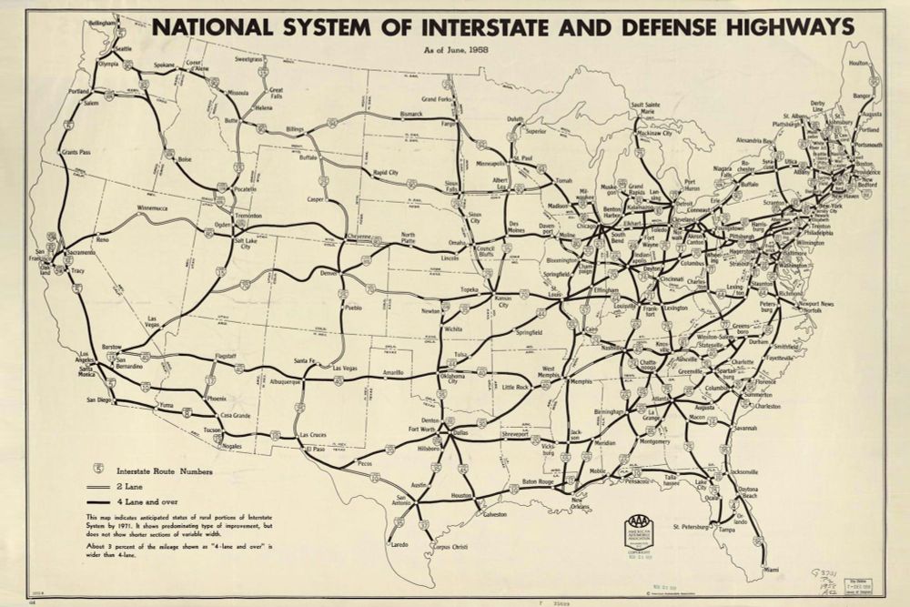 An older map of the US showing the main highways in 1958