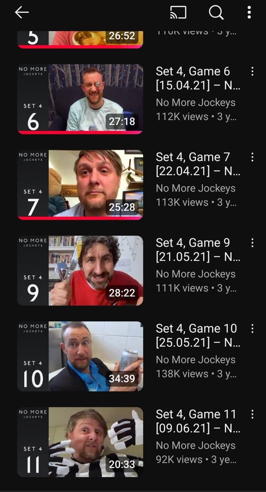 Screenshot of the playlist of Set 4 games in the web series No More Jockeys, with a mysterious and troubling lack of Game 8
