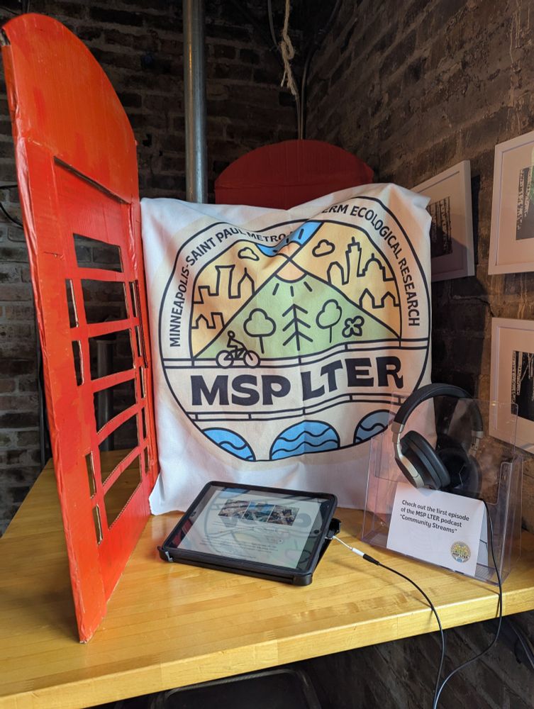 Display with MSP LTER banner with iPad for Community Streams podcast.