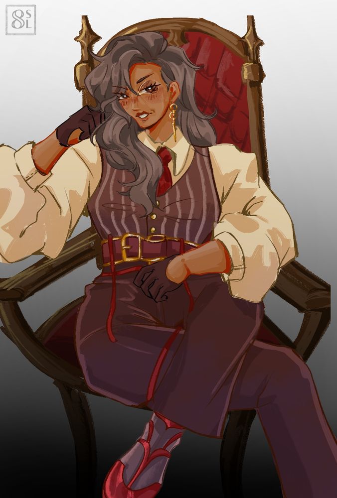 Jane with a graceful yet smug expression, just lifting her head from resting on her knuckles. She sits on a red velvety chair with her legs crossed.