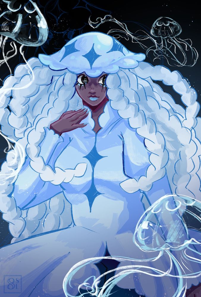 A ghostly woman named Jelani looking at a small jellyfish as two larger ones float around her. They all seem to be glowing on top of the dark background.