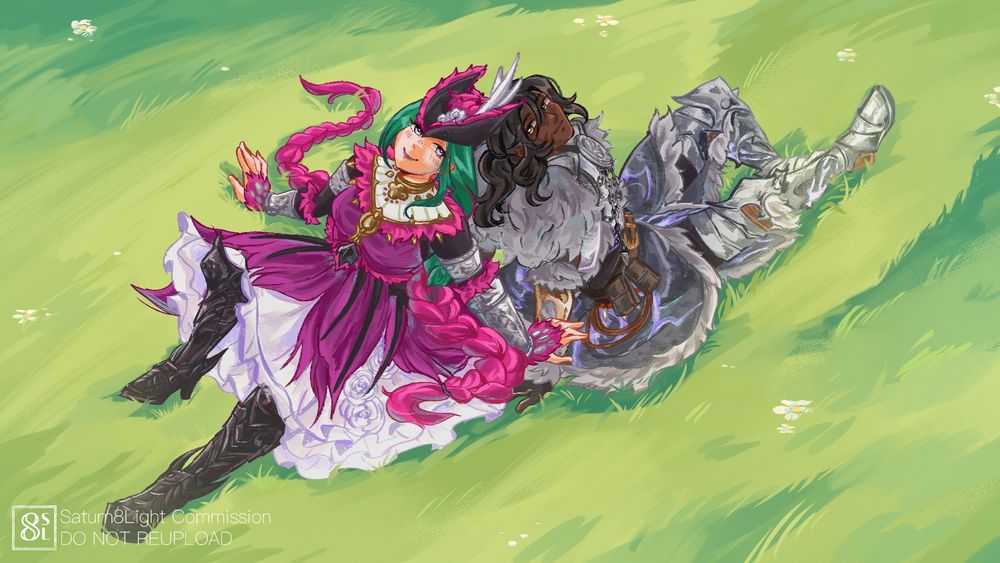 Commission of two monster hunter oc’s sitting in a field and relaxing.