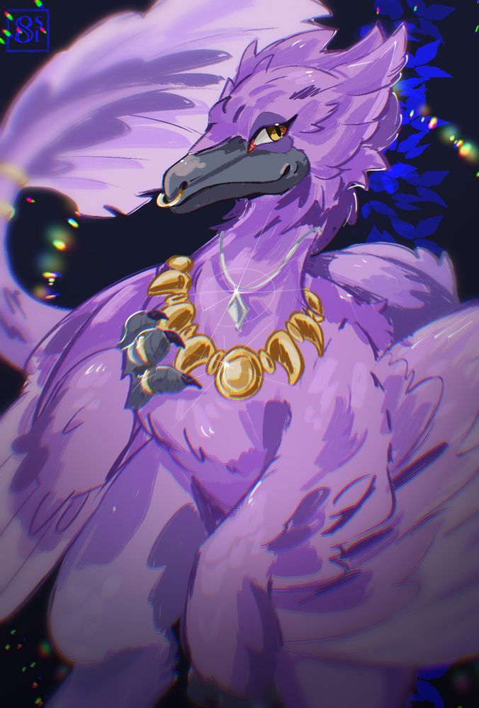 Nyx, a purple dakotaraptor looking at the view and posing with her jewelry. Their tail can be seen swinging in the background and there is a rainbow halo of light behind her.