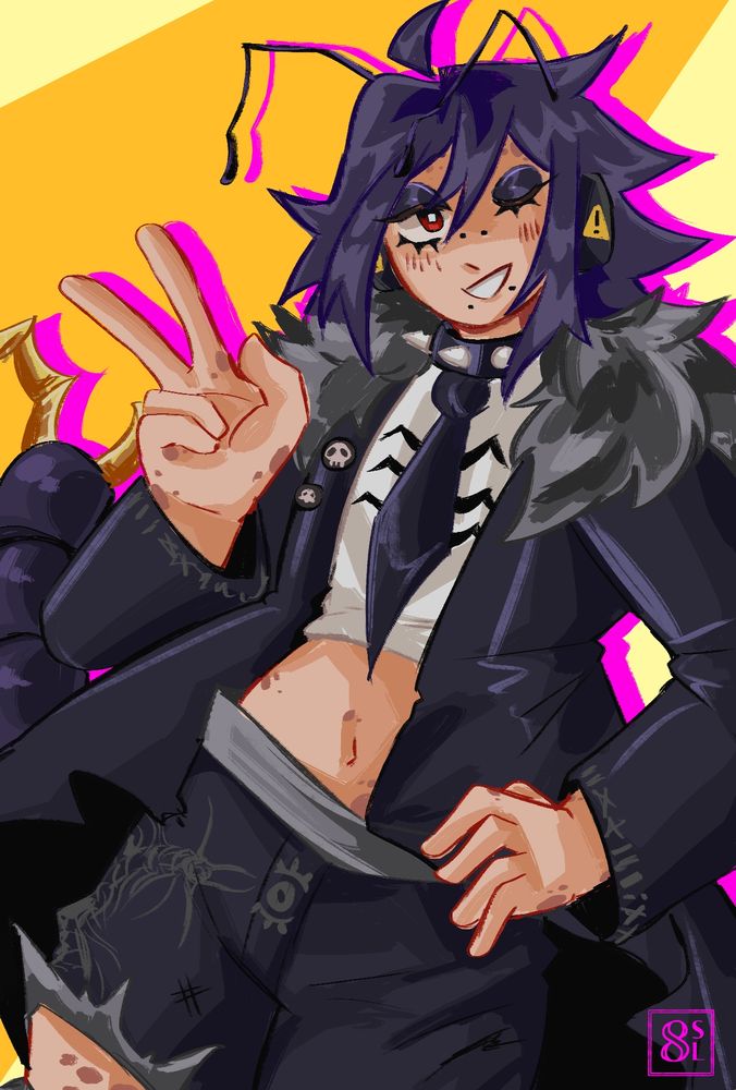 Monty posing with a peach sign and a hand on their hip and winking. There is a bright pink shadow behind them and many bug bites are seen over their body.