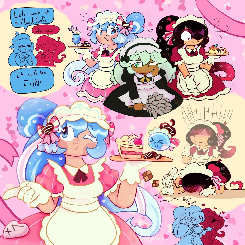 Cream Soda Cookie, Cherry Cola Cookie, and Chamomile Cookie in their maid outfits. Also SodaCola let's gooooo