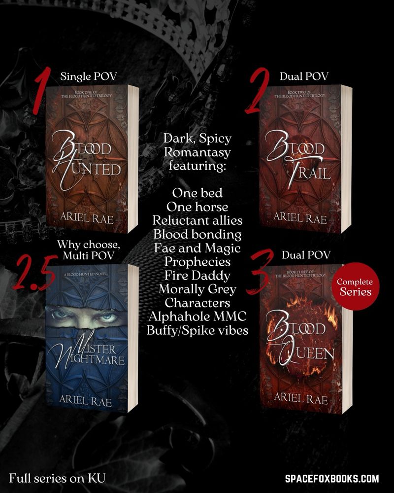 Photo contains 4 book covers for the blood hunted series as well as a list of book tropes. Dark spicy romantasy featuring: 

One bed
One horse
Reluctant allies
Blood bonding
Fae and Magic Prophecies
Fire Daddy
Morally Grey
Characters
Alphahole MMC
Buffy/Spike vibes

Full series on KU