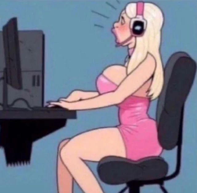 Drawing of a voluptuous blonde woman wearing clothes styled in the “bimbo” aesthetic, sitting at a computer desk with a headset on.