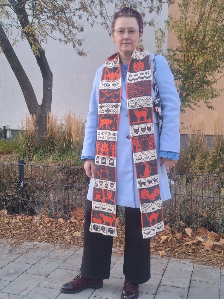 Person standing on a street in dark pants and light blue coat. Wearing an orange and black scarf with Halloween themed panels on it, like black cats, bats, ghosts and candy. The scarf hangs below the knees and shows the negative images of the previous photo.