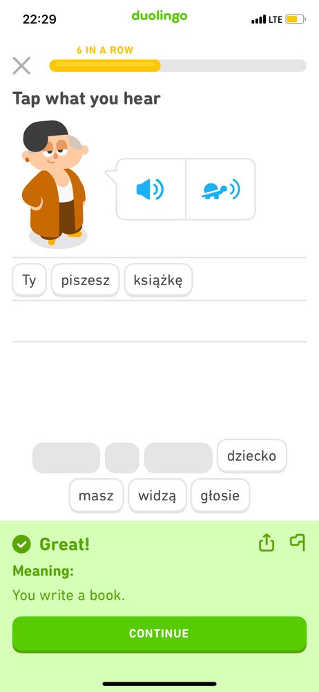 Screenshot of Duolingo Polish lesson with the sentence „you write a book“.