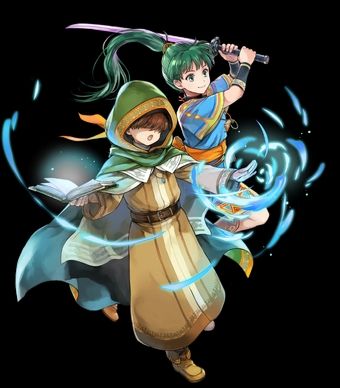 Attack art of child Mark alongside child Lyn from Fire emblem heros
