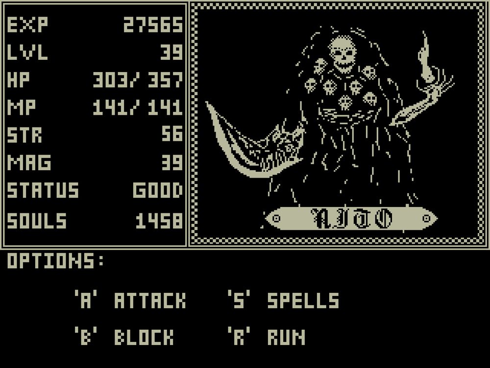 black and white game screen of a old dungeon crawler. In the top right corner is the monster profile image of Nito with his name is gothic lettering below him. Top left corner various stats and bottom options for the player to select to take action