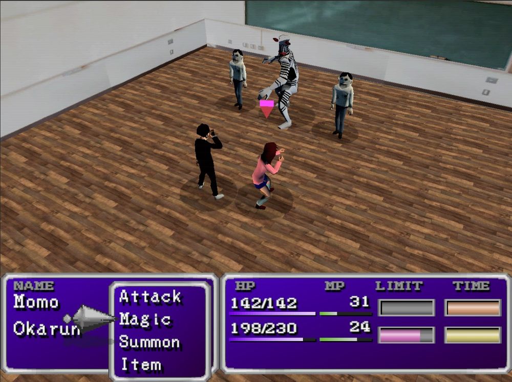 Overhead shot of a turn base jrpg battle scene with Okarun and Momo facing opposite from two Serpo human disguised aliens and one not in disguise 