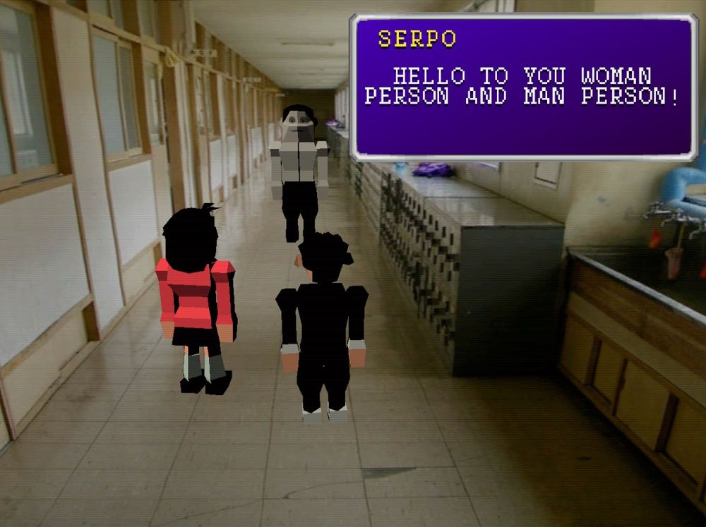 Lowpoly 3d models of Okarun, Momo and Serpo alien meet in a school hallway with a speech text from serpo saying Hello to you woman person and man person