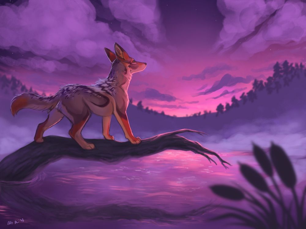 A coyote stands on a thick branch jutting out of a lake looking towards the horizon, just as the sun begins to rise over mountains. Pinks and purples dominate the image, with some soft blue mist covering parts of the lake.