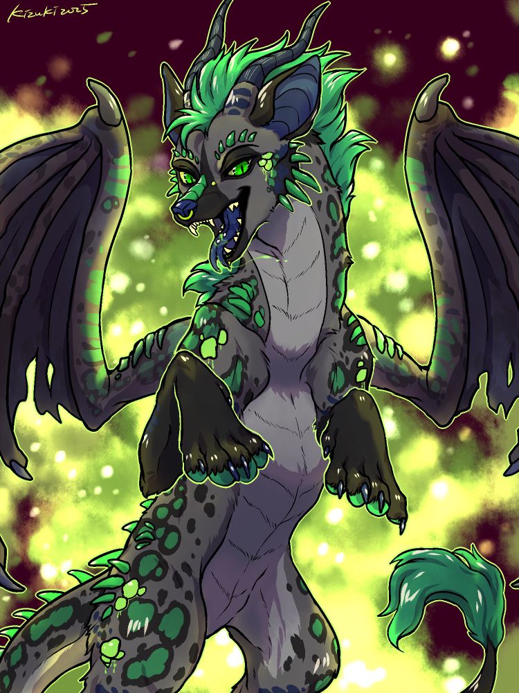 Pestilence the hyena x dragon hybrid rears up, tongue hanging out with green flames/embers behind him