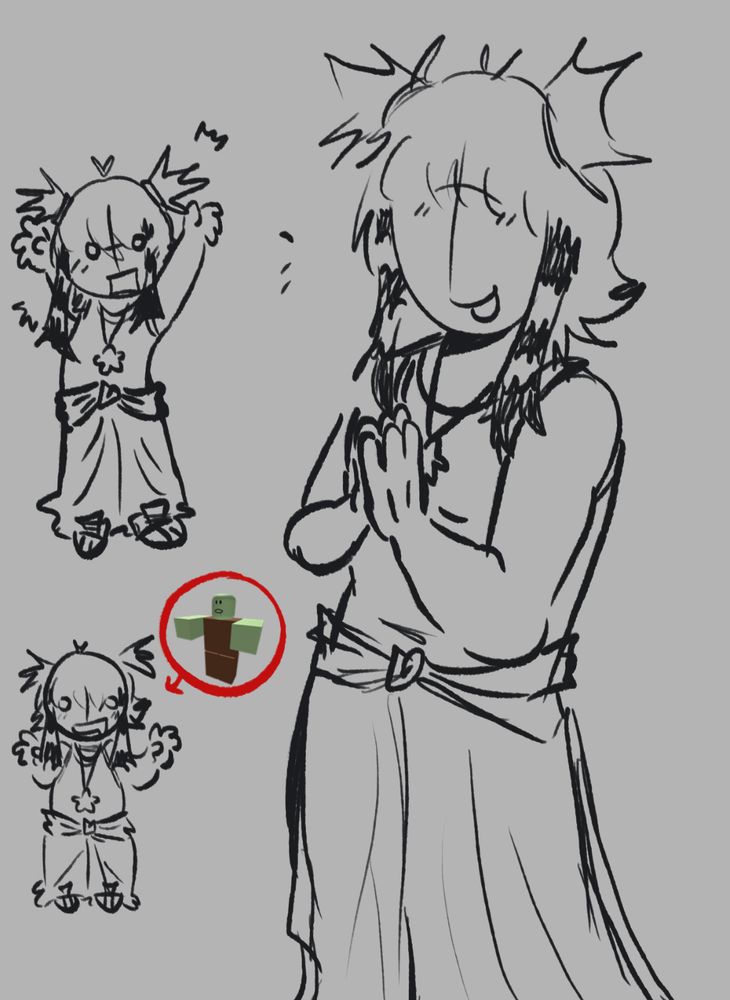 In the middle-right side of the screen is a full body-ish drawing of Bleepsona with their hands clasped together .. Ngl the lineart is inconsistent but uhhh who gaf. 
On the left side, two small doodles of Bleepsona reminiscent of the older bleepsona doodles especially due to the facial expressions drawn
Also bleepsona is hitting dat roblox zombie pose 🔥🔥