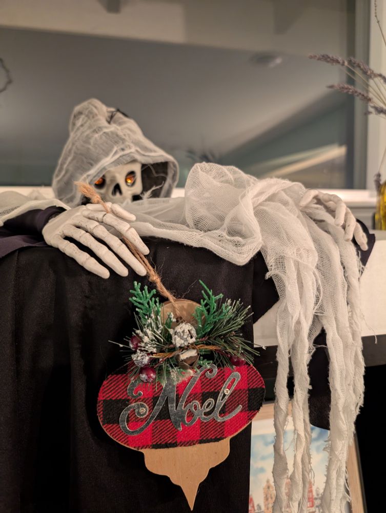 Halloween skeleton holding a decorative wooden Christmas Noel sign