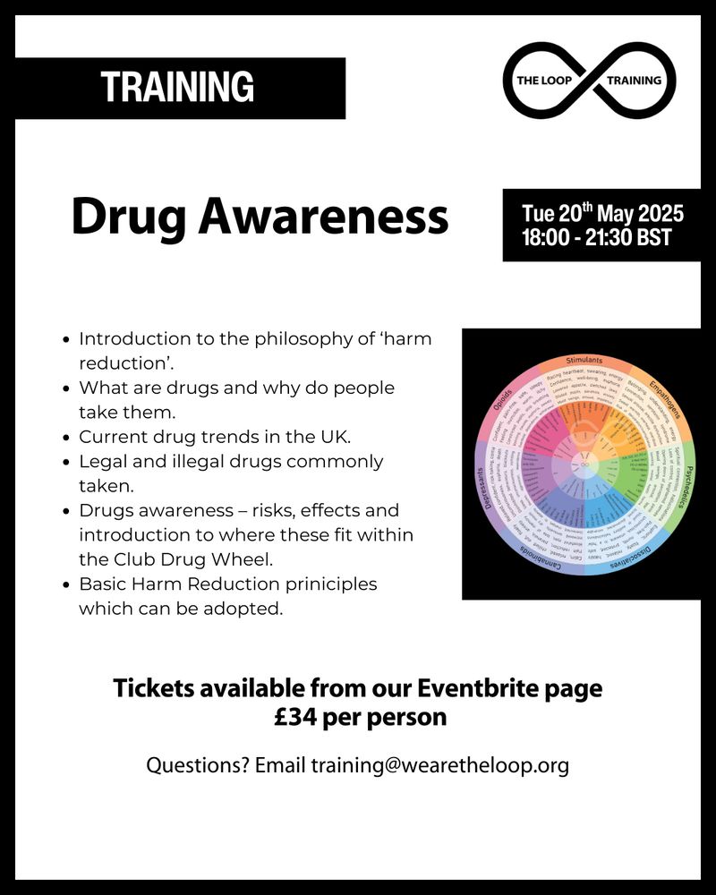 White background with black accents and text.  photograph of a cluster of bags of unidentified white powders/crystals.  Features The Loop Training Team logo.  

Text reads: Drug Awareness Tue 20th May 2025 18:00 - 21:30 BST 

﻿﻿Introduction to the philosophy of 'harm reduction'. 
﻿﻿What are drugs and why do people take them. 
﻿﻿Current drug trends in the UK. 
﻿﻿Legal and illegal drugs commonly taken. 
﻿﻿Drugs awareness - risks, effects and introduction to where these fit within the Club Drug Wheel. 
﻿﻿Basic Harm Reduction principles which can be adopted. 
Tickets available from our Eventbrite page.  £34 per person. Questions? Please email: training@wearetheloop.org 